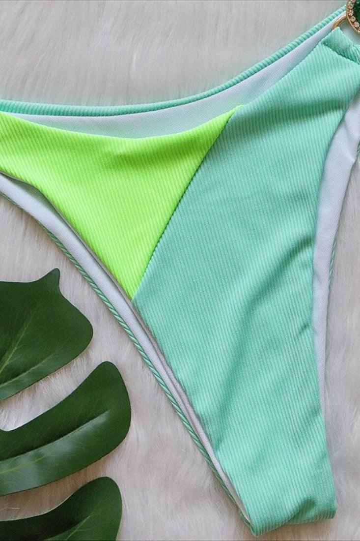 Sexy Green Color Block 2pc Bikini With Gemstones