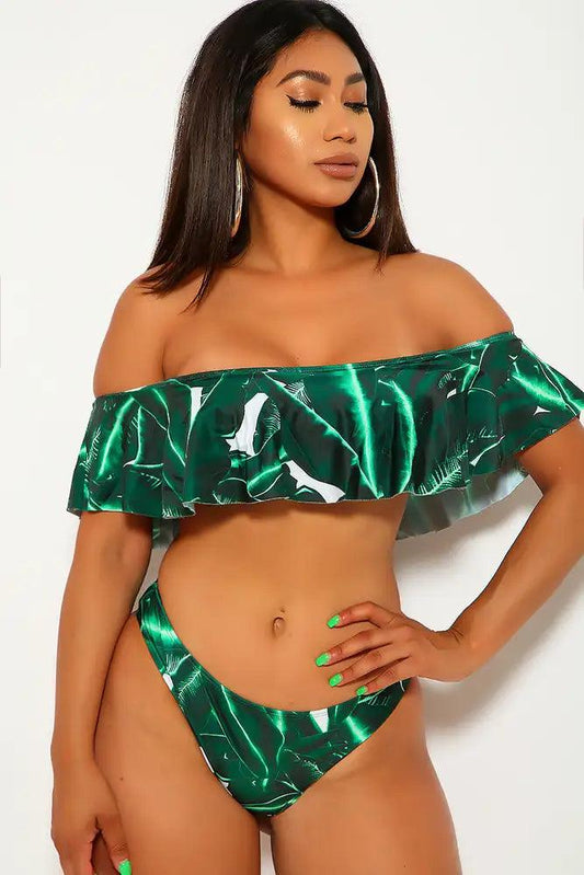 Sexy Green Leaf Print Off The Shoulders Padded 2Pc. Bikini