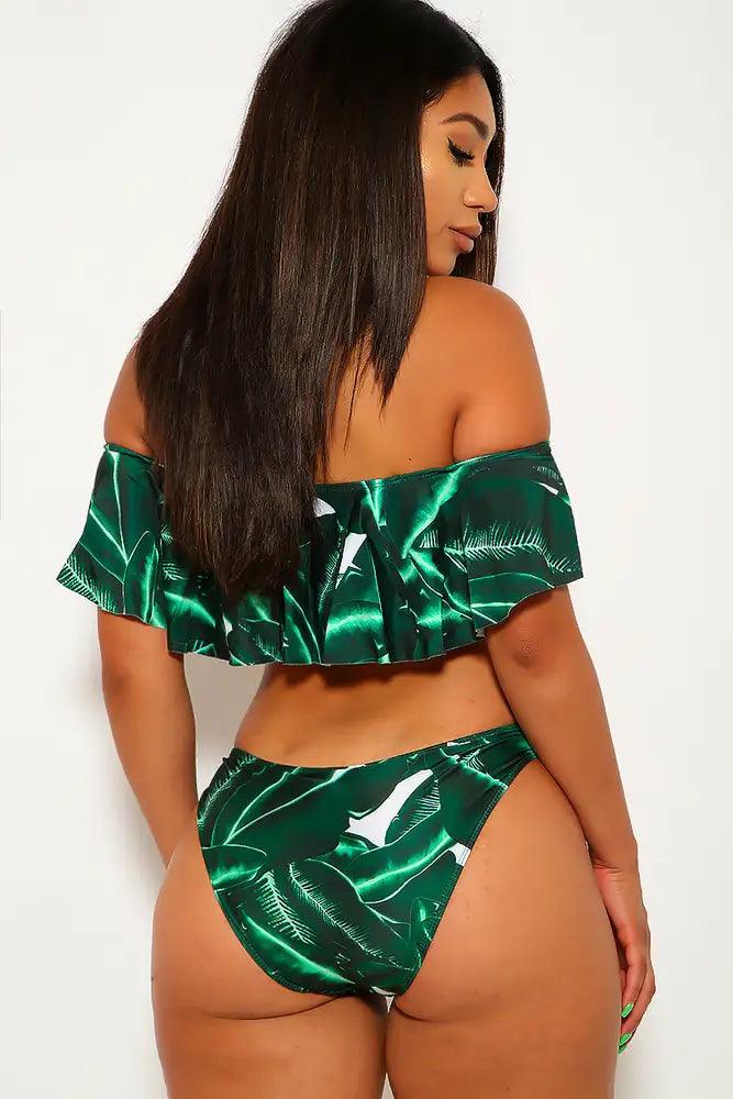 Sexy Green Leaf Print Off The Shoulders Padded 2Pc. Bikini