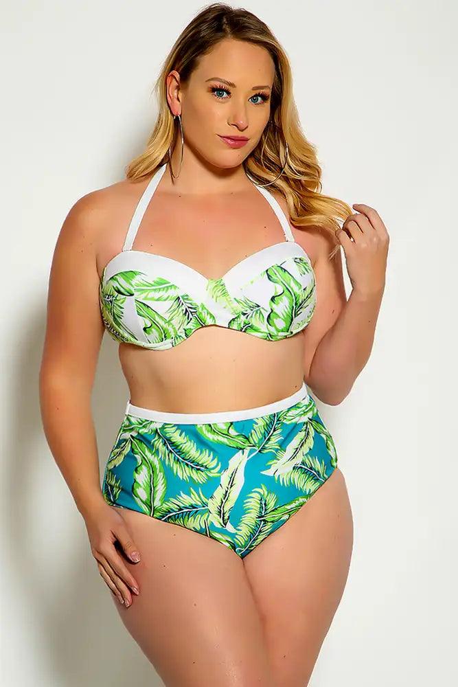 Sexy Green White Leaf Print Plus Size Two Piece High Waist Swim