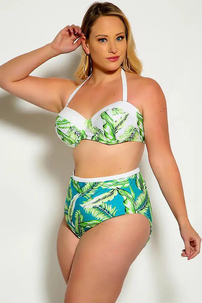 Sexy Green White Leaf Print Plus Size Two Piece High Waist Swim