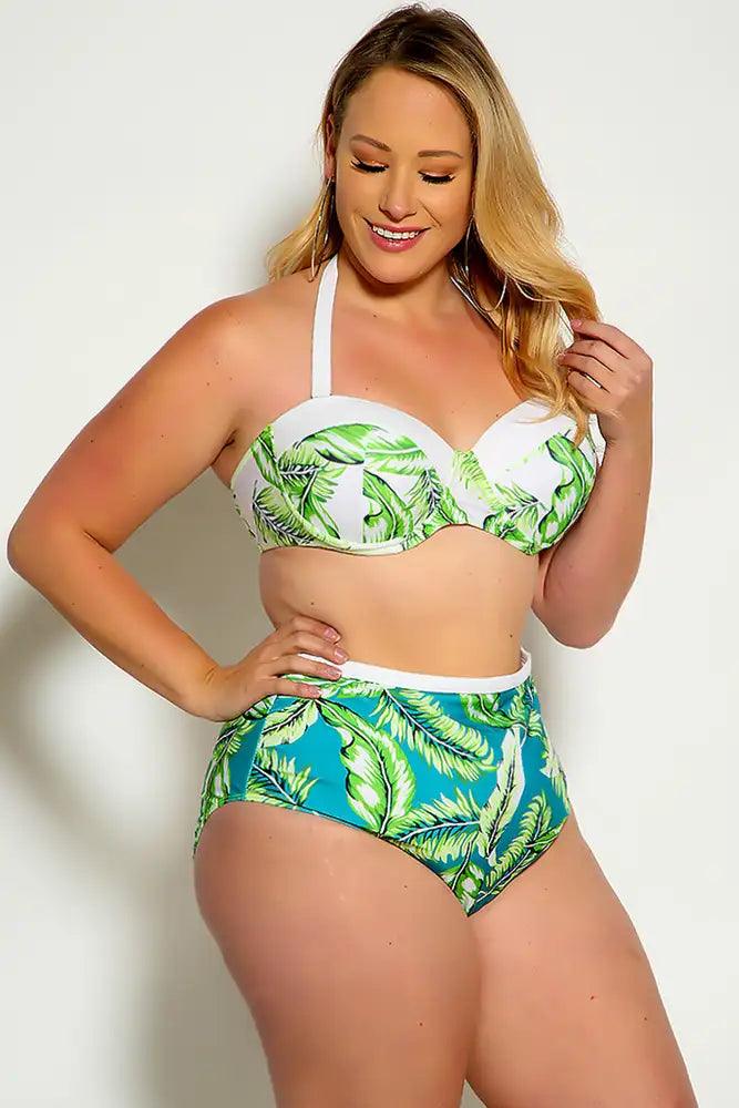 Sexy Green White Leaf Print Plus Size Two Piece High Waist Swim