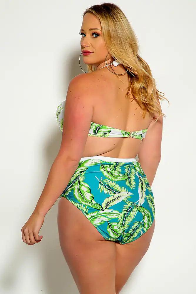 Sexy Green White Leaf Print Plus Size Two Piece High Waist Swim