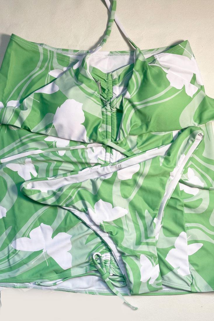 Sexy Green White Tropical Print 3pc Bikini