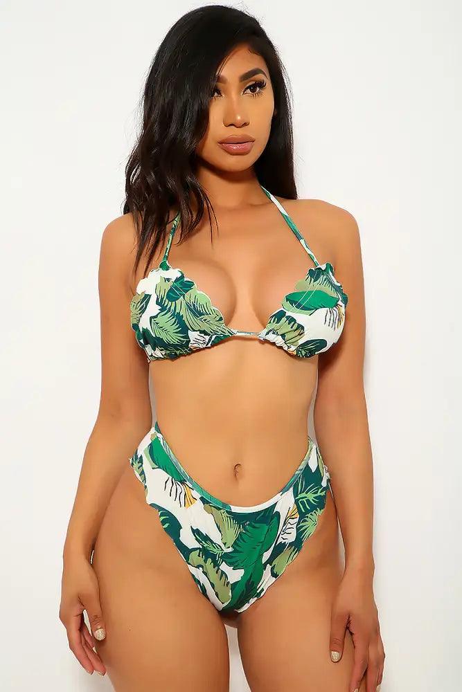 Sexy Green White Tropical Print Halter Two Piece Swimsuit