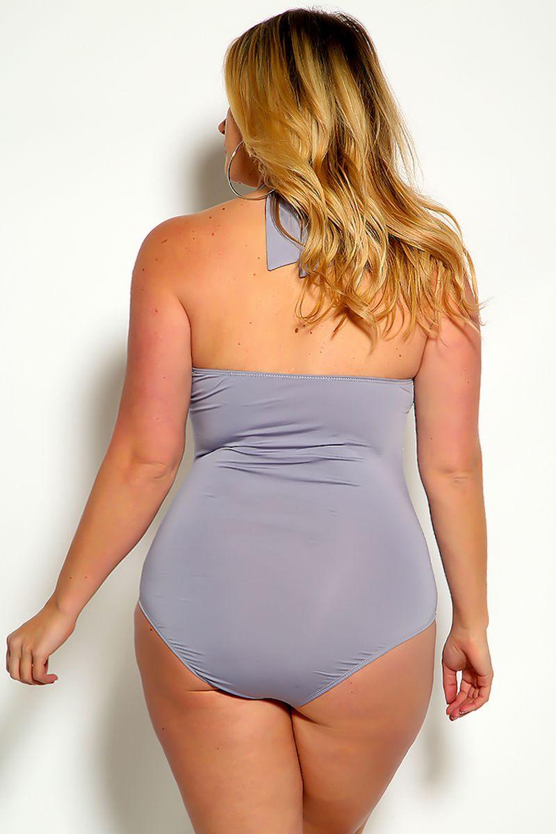 Sexy Grey Ruched Halter Plus Size One Piece Swimsuit