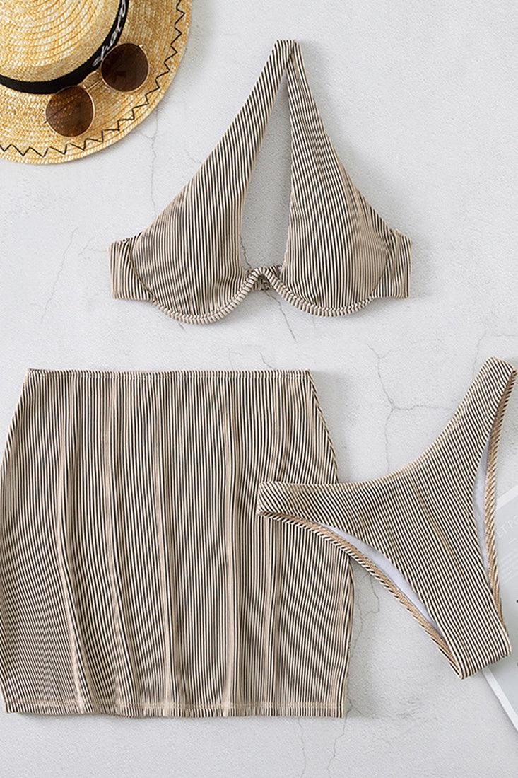 Sexy Khaki Corduroy 3pc Bikini With Coverup Skirt