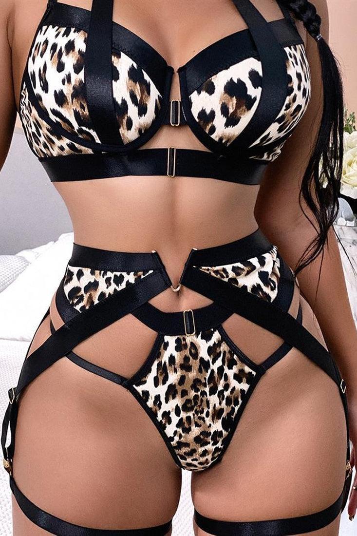 Sexy Leopard Print Strappy Exotic Lingerie 5 Pc Set