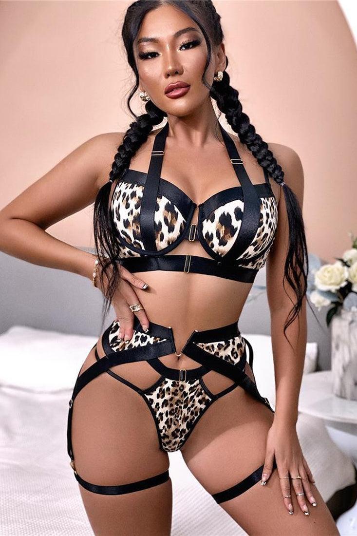 Sexy Leopard Print Strappy Exotic Lingerie 5 Pc Set