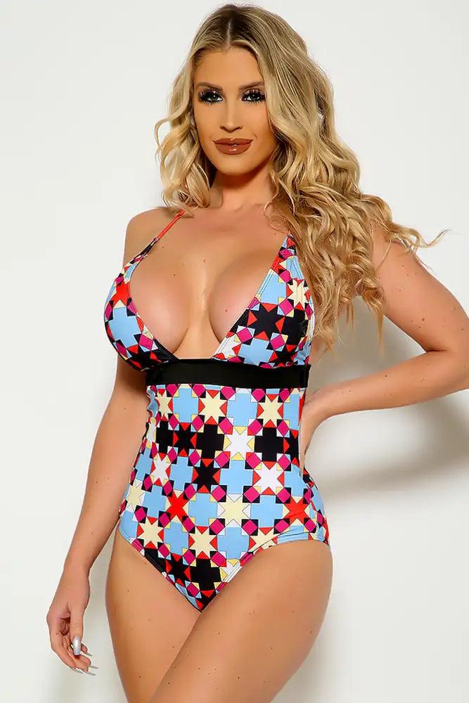 Sexy Light Blue Black Geometric Print Padded One Piece Swimsuit