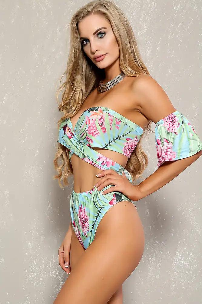 Sexy Light Blue Floral Print Two Piece Swimsuit Set