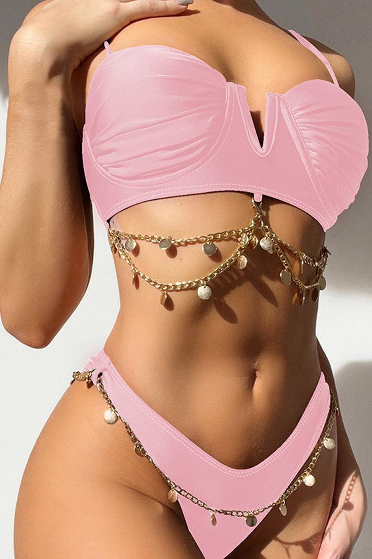 Sexy Light Pink Cheeky 2pc Bikini With Chain Detail