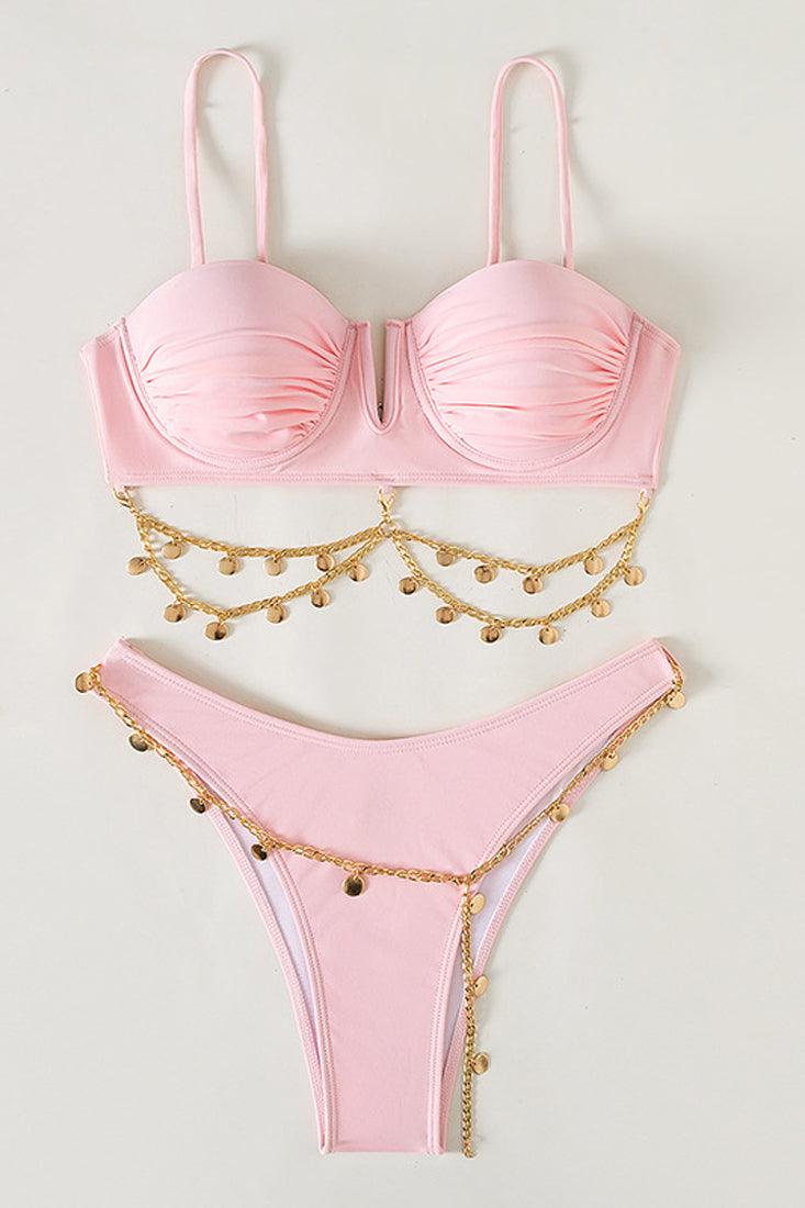 Sexy Light Pink Cheeky 2pc Bikini With Chain Detail