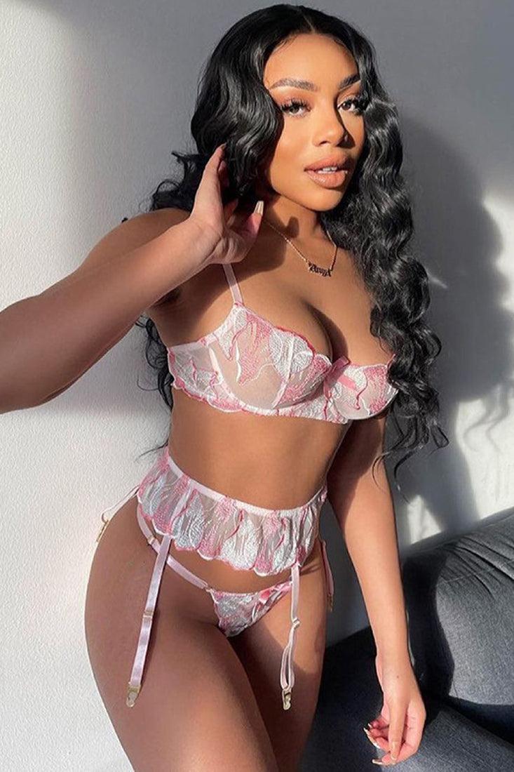 Sexy Light Pink Floral 3pc Lingerie Set