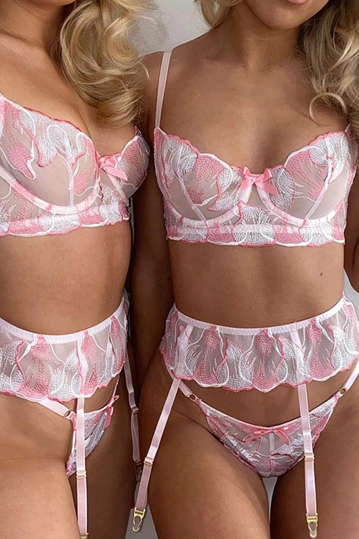 Sexy Light Pink Floral 3pc Lingerie Set