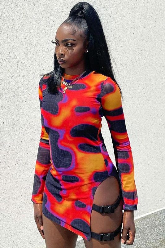 Sexy Long Sleeve Double Buckle Lava Print Party Dress