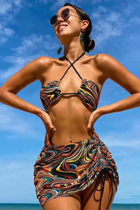 Sexy Multi Color Swirl Print 3pc Bikini With Coverup Skirt