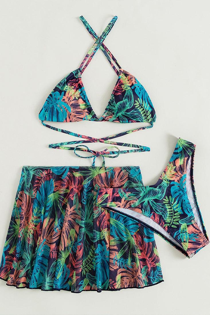 Sexy Multi Color Tropic Tree Print 3pc Bikini With Coverup Skirt