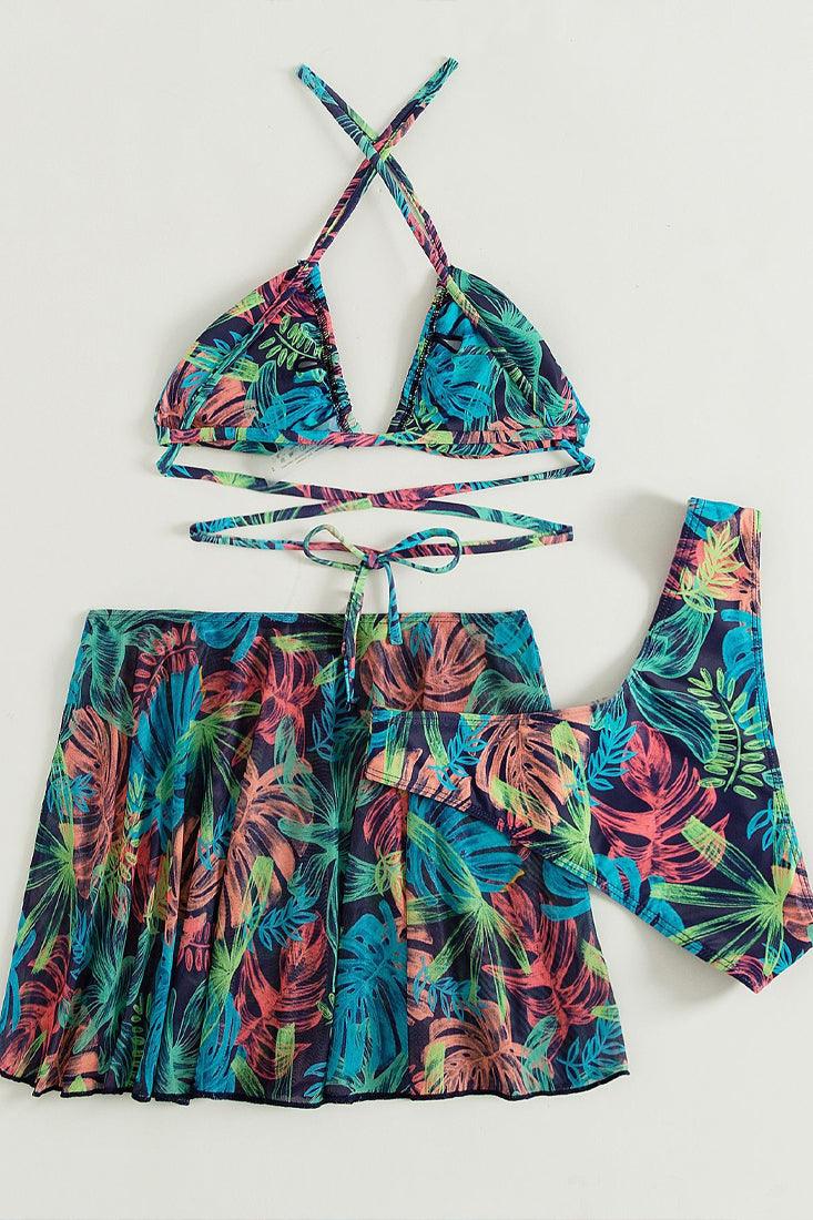 Sexy Multi Color Tropic Tree Print 3pc Bikini With Coverup Skirt