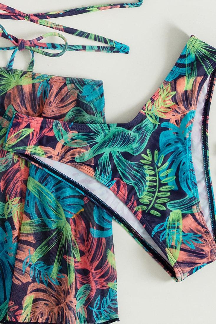 Sexy Multi Color Tropic Tree Print 3pc Bikini With Coverup Skirt