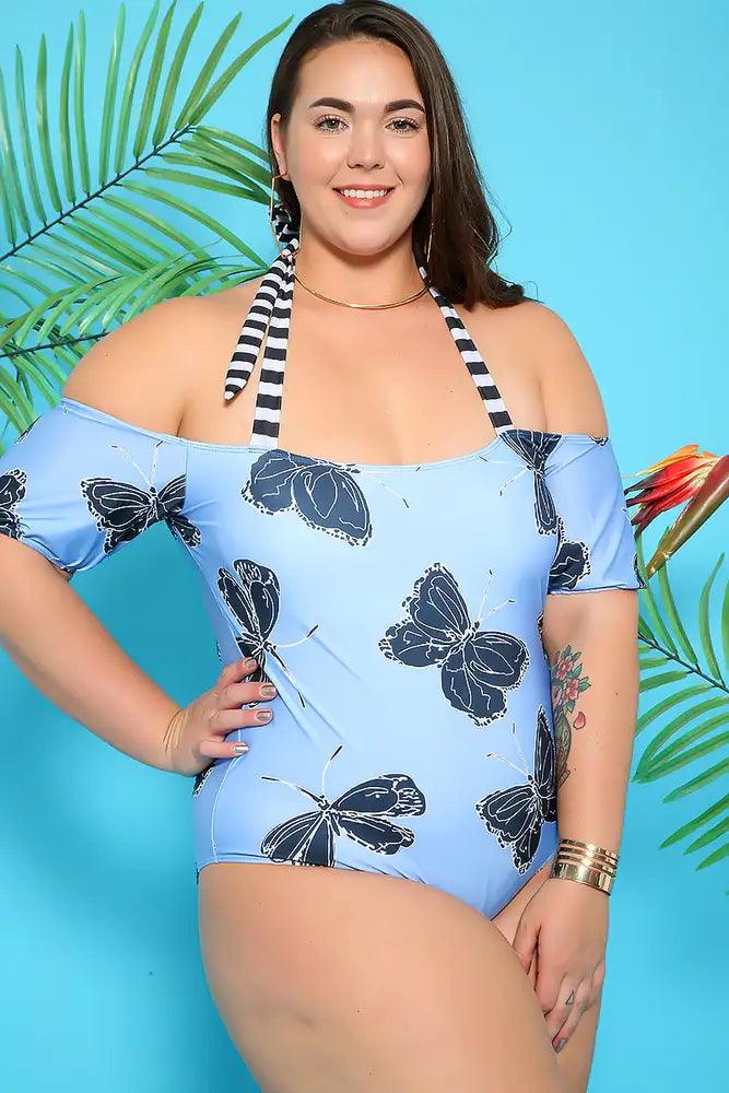 Sexy Navy Blue Off The Shoulder Plus Size One Piece Swimsuit