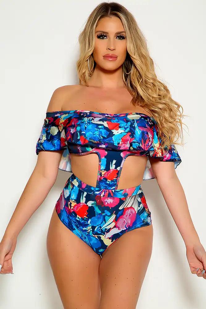 Sexy Navy Fuchsia Off The Shoulder Ruffle Layer One Piece Swimsuit