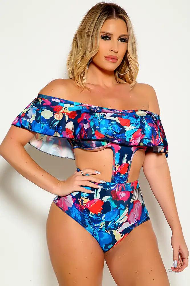 Sexy Navy Fuchsia Off The Shoulder Ruffle Layer One Piece Swimsuit