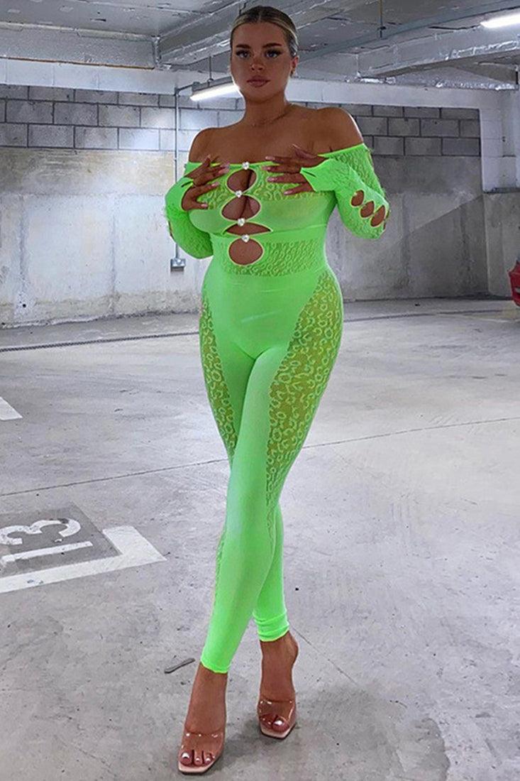 Sexy Neon Green Stretchy Mesh Rhinestone Button Bodysuit Jumpsuit