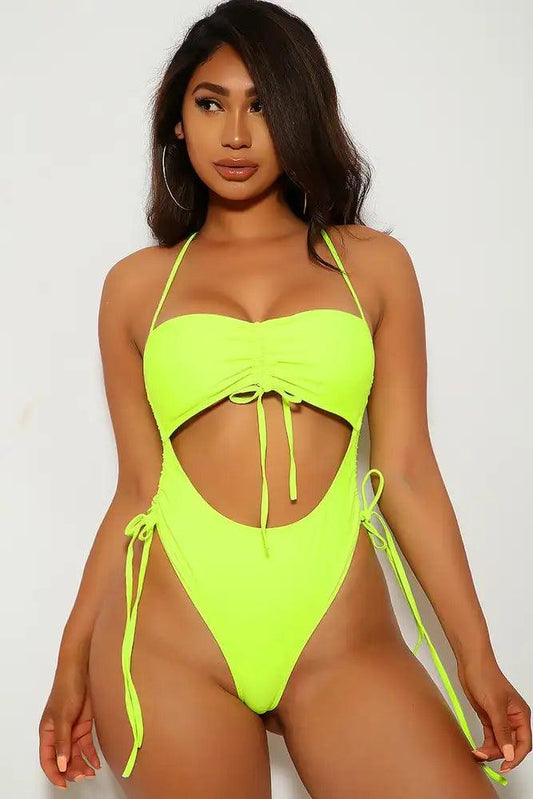 Sexy Neon Lime Ruched One Piece Swimsuit - Babewear