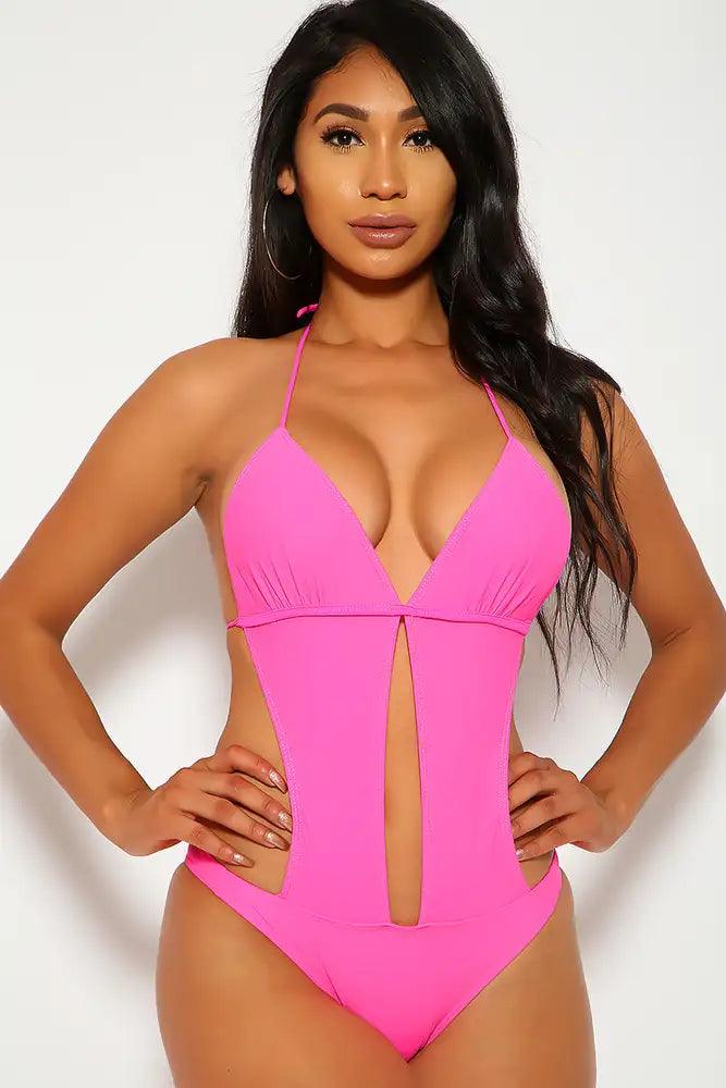 Sexy Neon Pink Halter Cut Out One Piece Monokini Swimsuit - Babewear