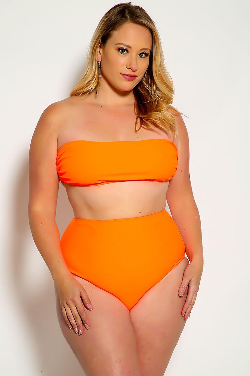 Sexy Orange Bandeau High Waist Plus Size Swimsuit - Babewear