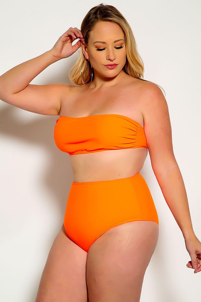 Sexy Orange Bandeau High Waist Plus Size Swimsuit