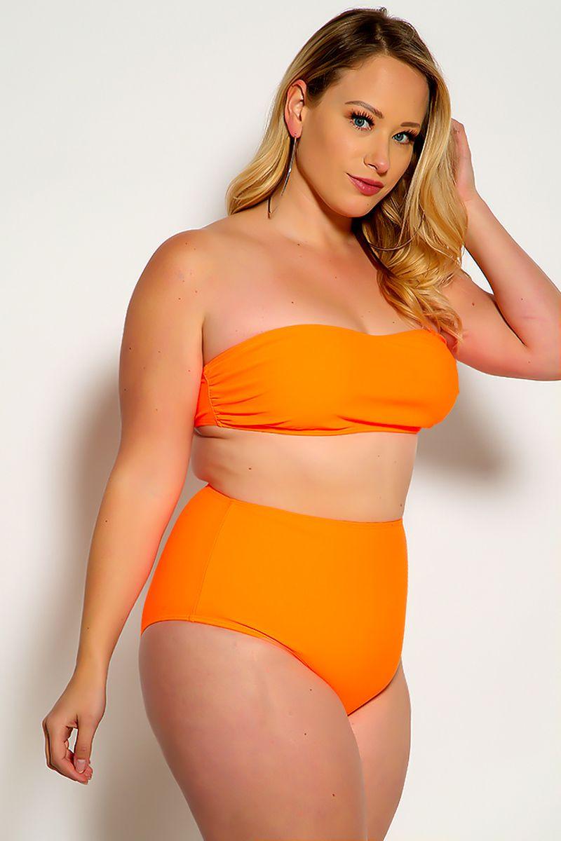 Sexy Orange Bandeau High Waist Plus Size Swimsuit