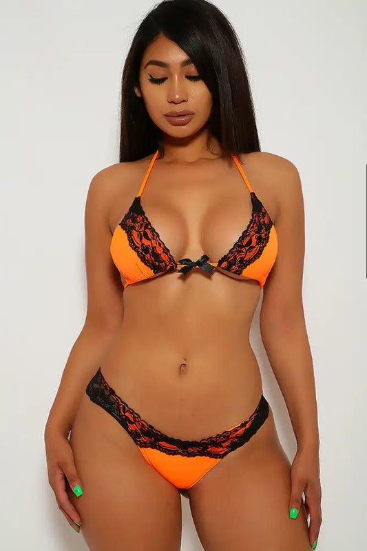 Sexy Orange Black Lace Two Piece Pucker Back Swimsuit