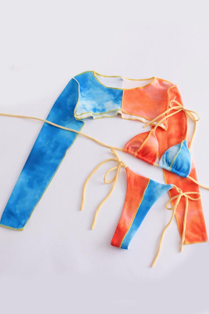 Sexy Orange Blue 3pc Tie Dye Cheeky Bikini Set