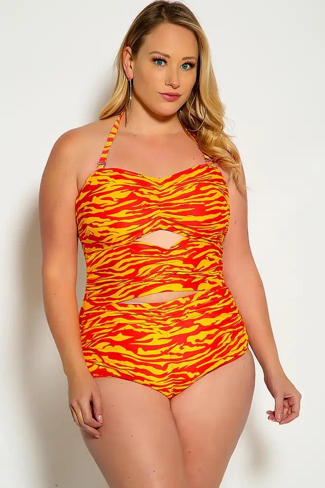 Sexy Orange Red Cut Out Halter One Piece Swimsuit