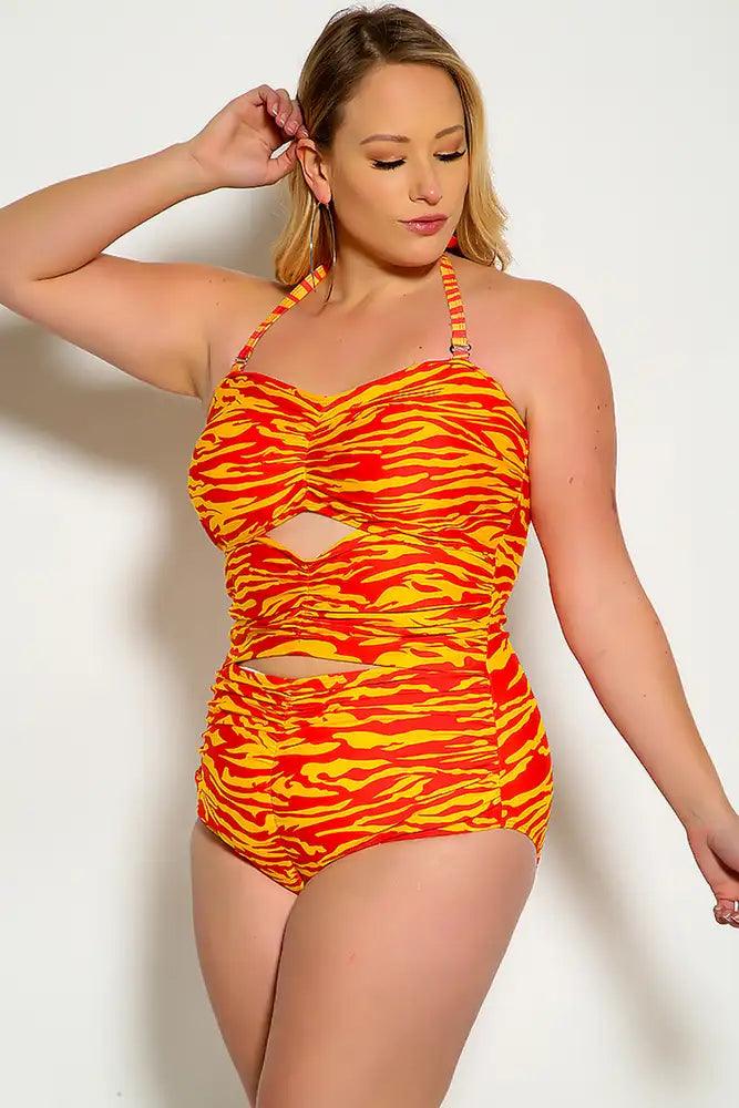 Sexy Orange Red Cut Out Halter One Piece Swimsuit