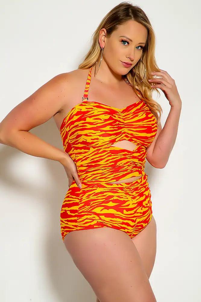 Sexy Orange Red Cut Out Halter One Piece Swimsuit