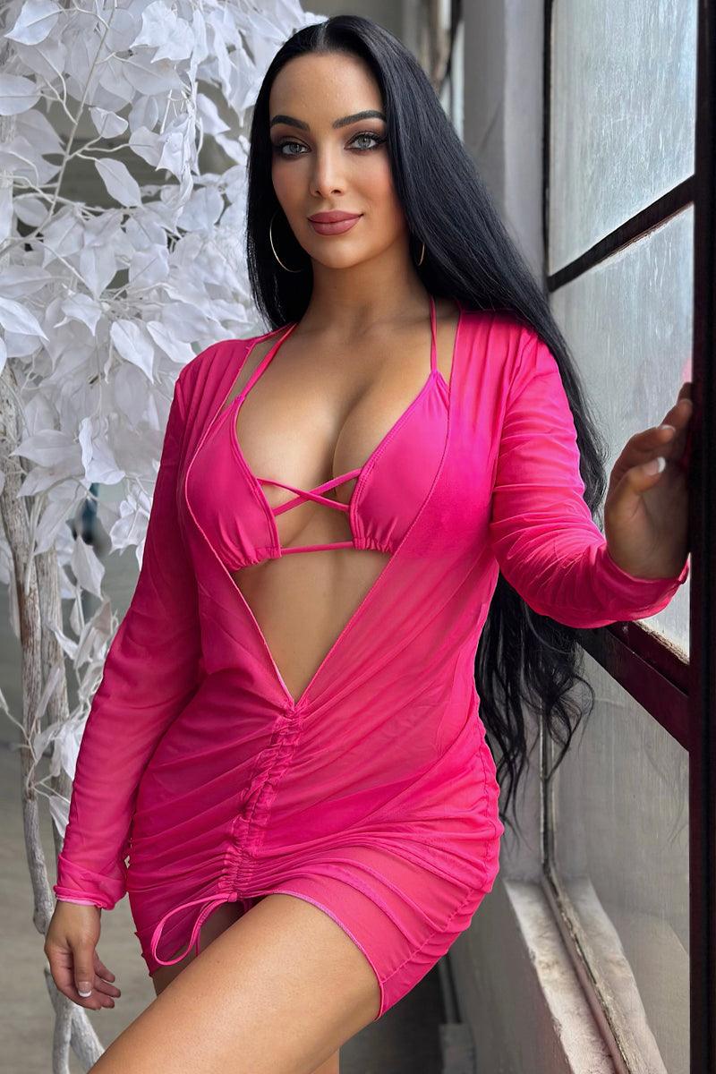 Sexy Pink 3pc Bikini With Beach Dress Coverup