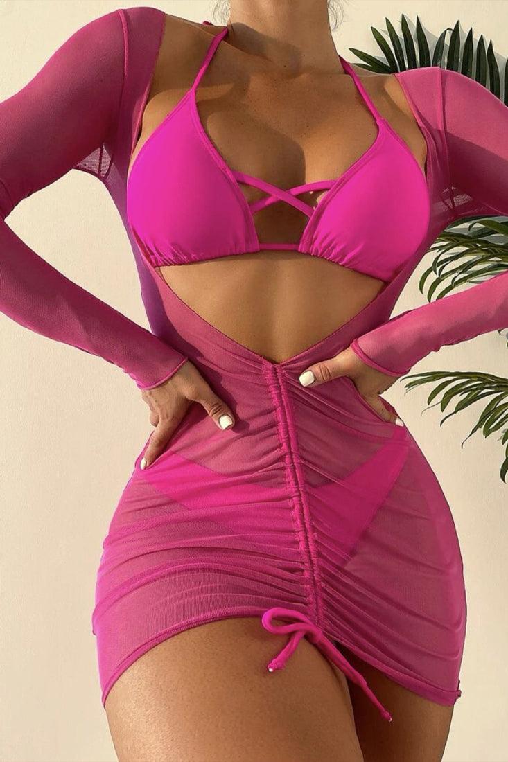 Sexy Pink 3pc Bikini With Beach Dress Coverup