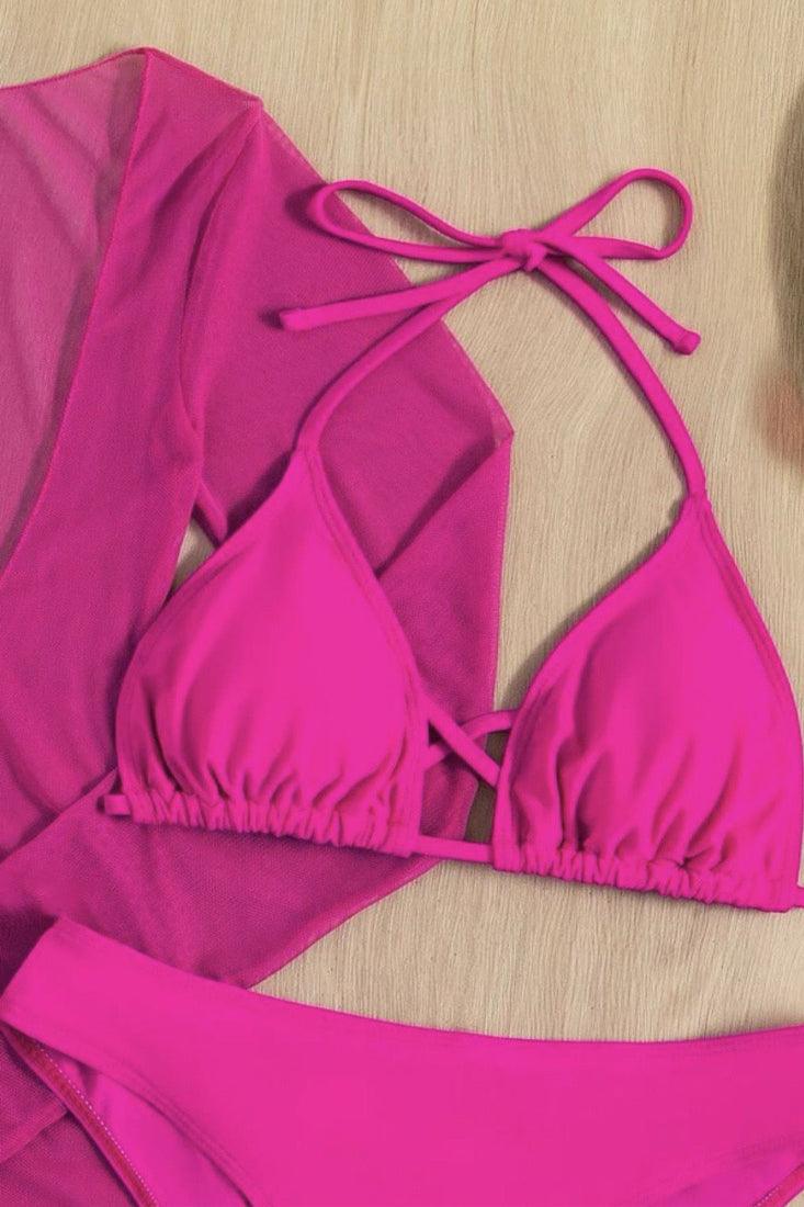 Sexy Pink 3pc Bikini With Beach Dress Coverup