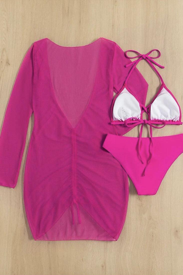 Sexy Pink 3pc Bikini With Beach Dress Coverup