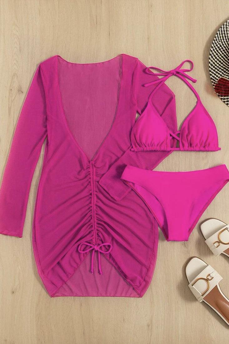 Sexy Pink 3pc Bikini With Beach Dress Coverup