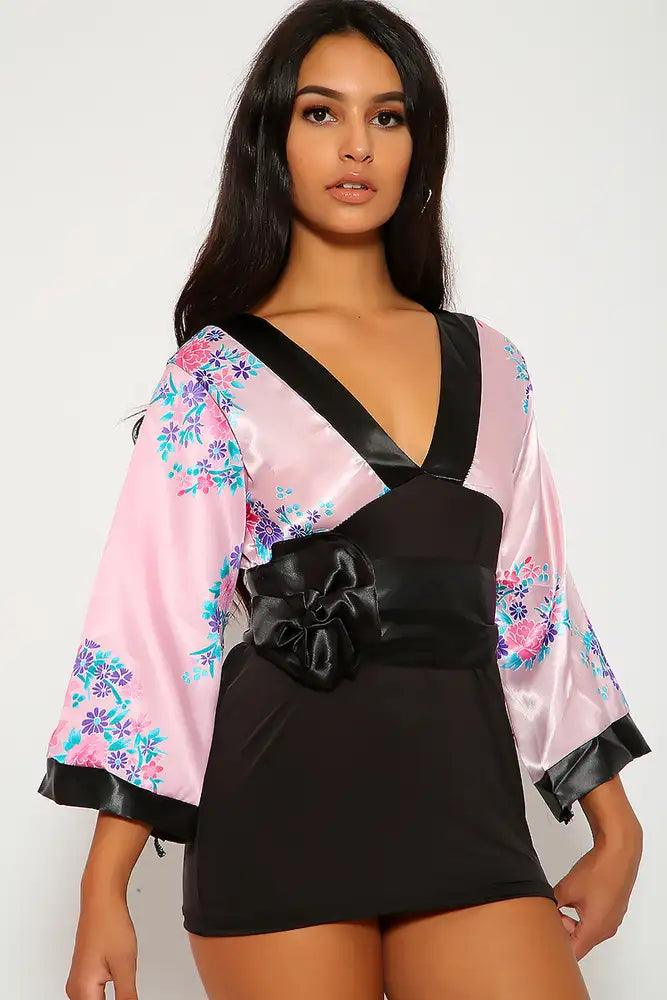 Sexy Pink Black Print Traditional Japanese Kimono 3pc Sexy Costume