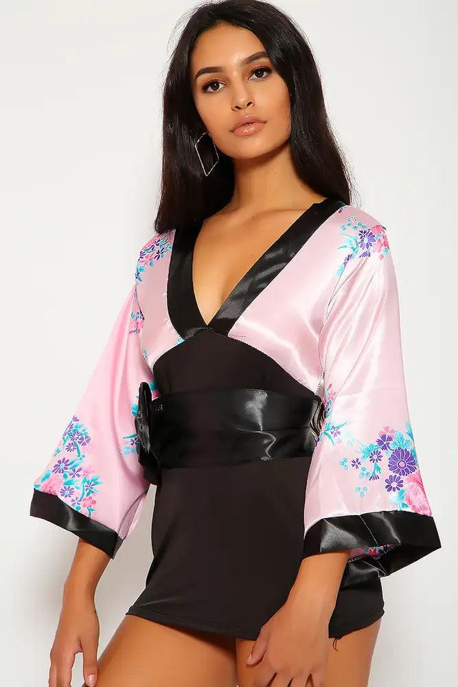 Sexy Pink Black Print Traditional Japanese Kimono 3pc Sexy Costume