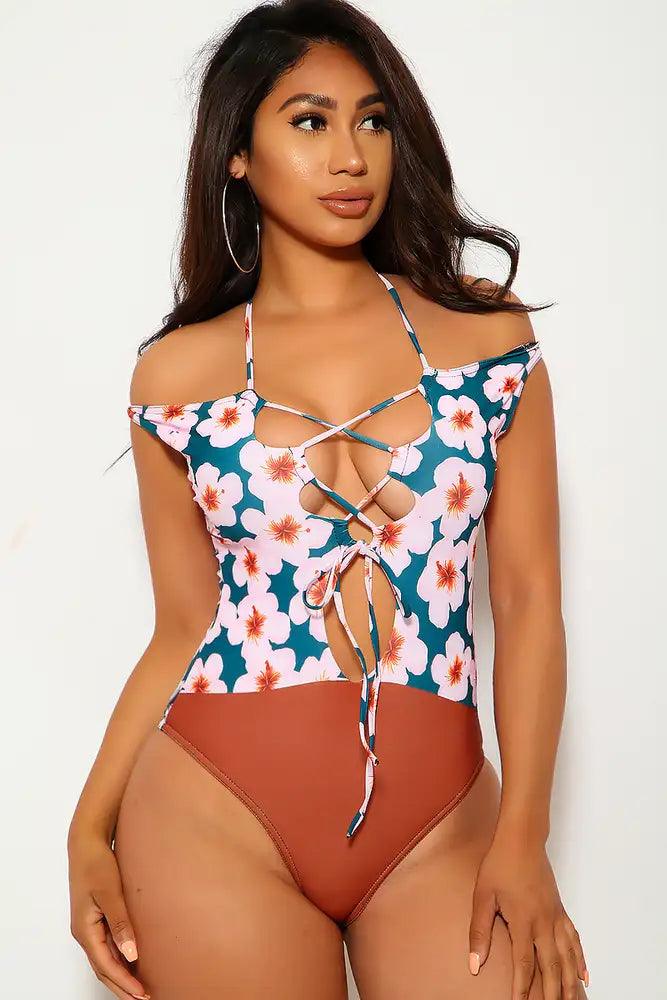 Sexy Pink Brown Floral Print Lace Up Monokini Swimsuit