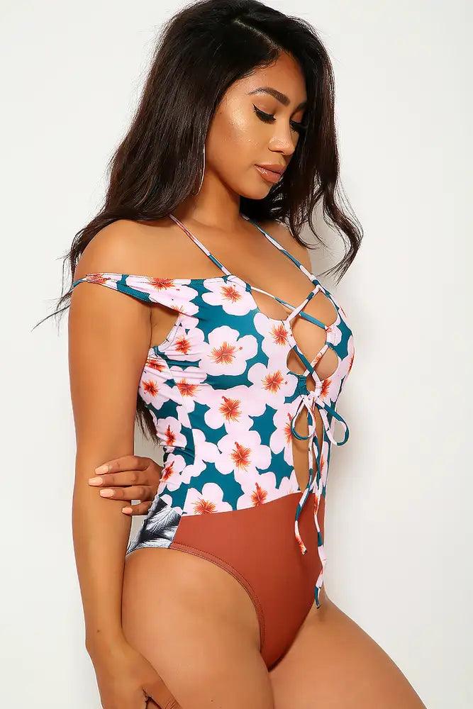 Sexy Pink Brown Floral Print Lace Up Monokini Swimsuit