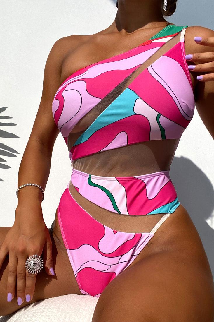 Sexy Pink Color Block Monokini With Mesh Cutout