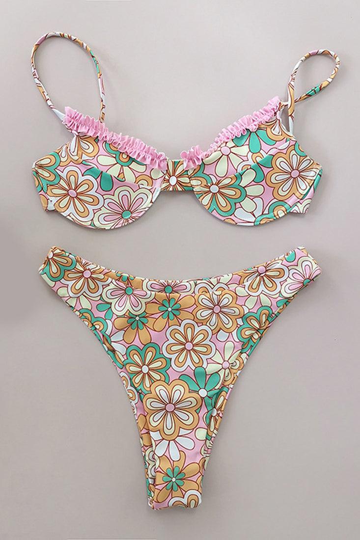 Sexy Pink Orange Floral Print 2pc Bikini