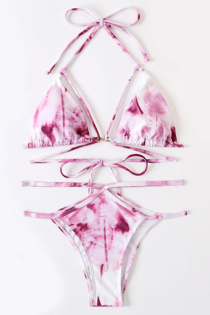 Sexy Pink Tie Dye Cut Out Strappy 2 Pc Bikini Set